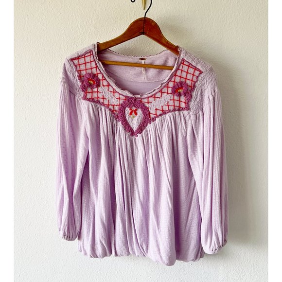 FREE PEOPLE Lavender Purple Floral Embroidered Bohemian Top Blouse Size Small - Picture 12 of 12